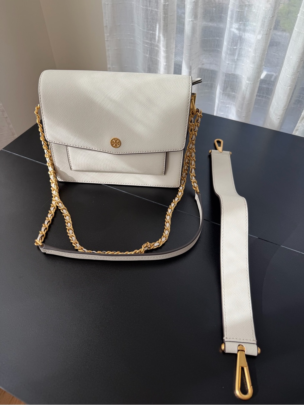 Tory Burch Cream Leather Crossbody with Gold Chain Strap